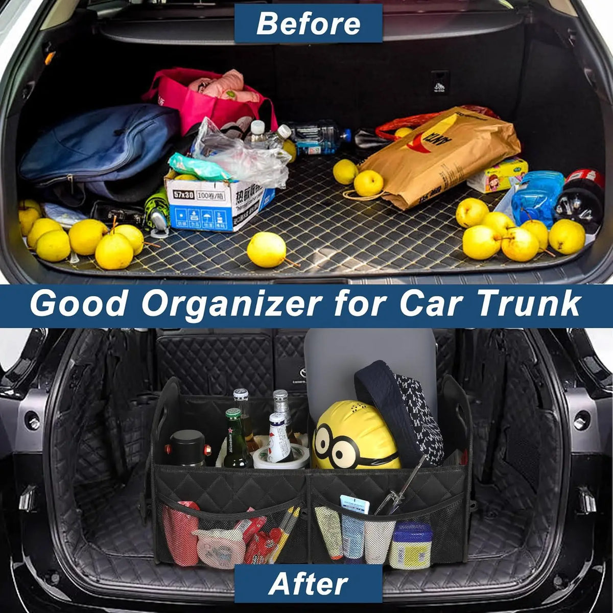 Before and after comparison of a foldable waterproof car trunk organizer inside a vehicle's trunk.
