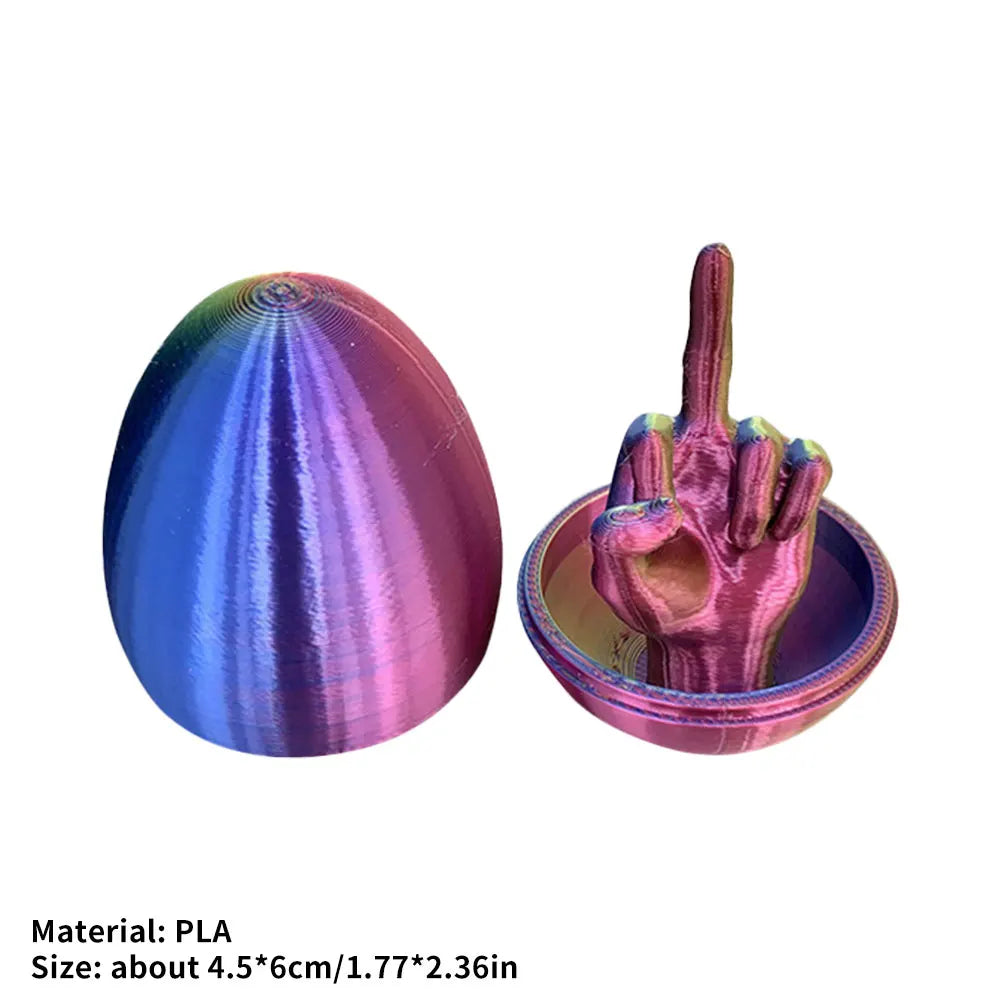 A purple and blue translucent PLA egg shaped like a hand making the middle finger gesture