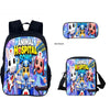 A purple Animal Hospital Song themed backpack set featuring a main bag and a separate crossbody bag.