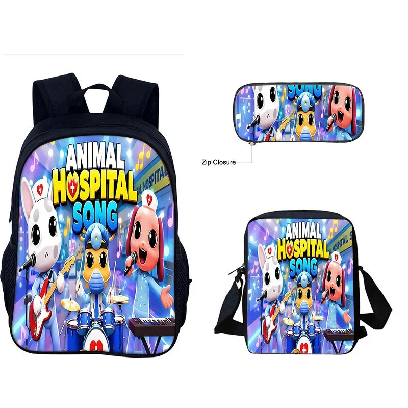 A purple Animal Hospital Song themed backpack set featuring a main bag and a separate crossbody bag.