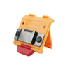 An orange clip-on tape measure holder with a silver measuring tape visible.