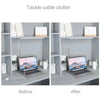 Before and after comparison showing a tackle cable clutter solution for managing cords on a shelf.