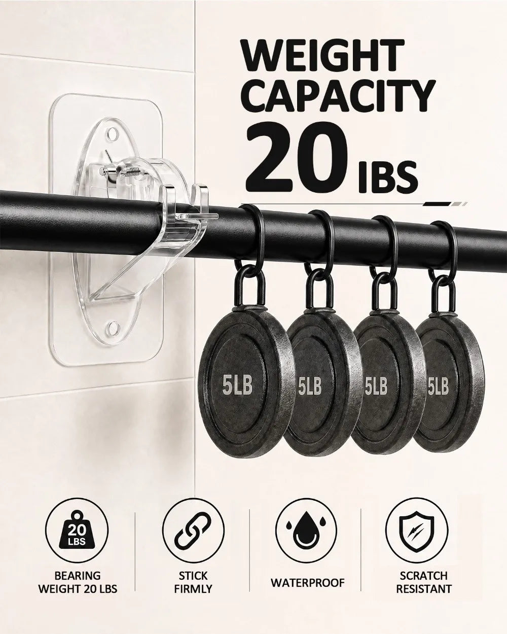 Black curtain rod brackets with 5lb capacity hanging from a white wall, showing features like waterproof and scratch resistan