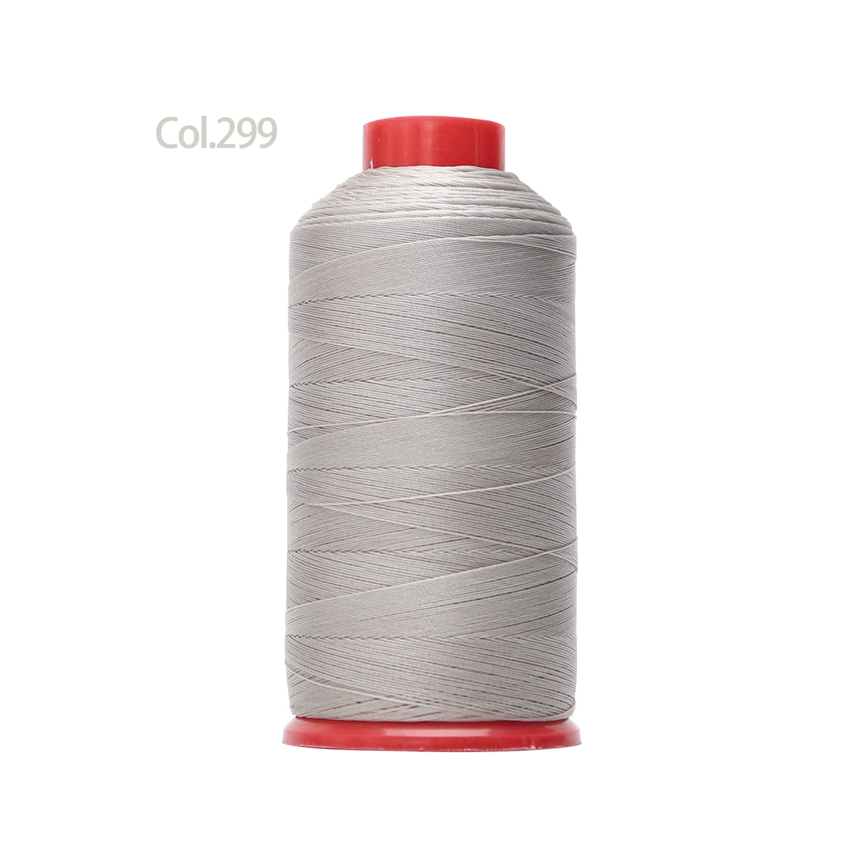 A spool of gray heavy-duty nylon bonded thread with a red cap.