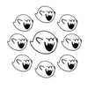 A set of ten embroidered iron-on patches depicting stylized skulls with open mouths and menacing expressions.