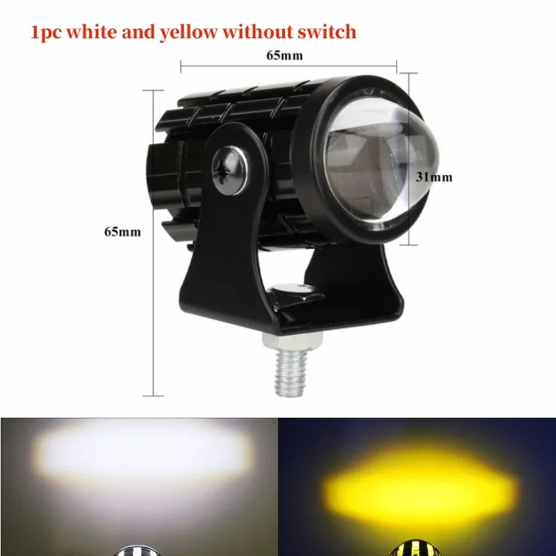 A 1pc white and yellow without switch LED motorcycle auxiliary fog light with a projector lens.