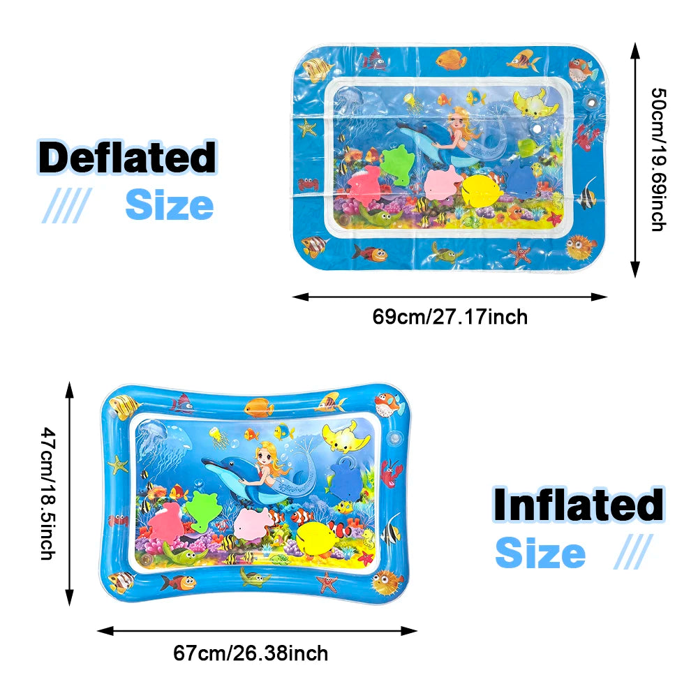 Comparison of a deflated and inflated ocean-themed water play mat for baby sensory development.