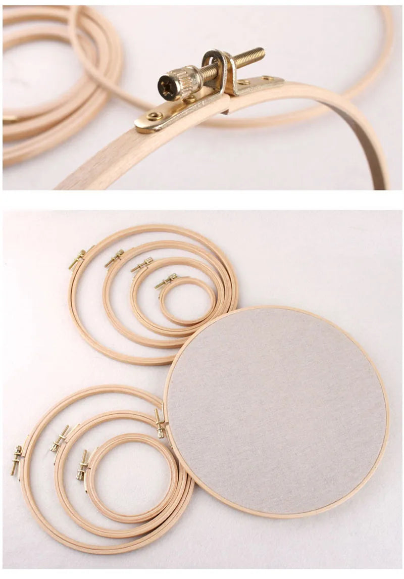 A bamboo embroidery hoop with an adjustable screw mechanism and a circular wooden board.