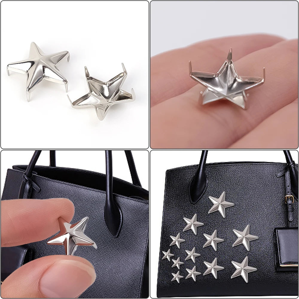 Silbersterneinsätze für Kleidung und Accessoires auf einer schwarzen Handtasche.