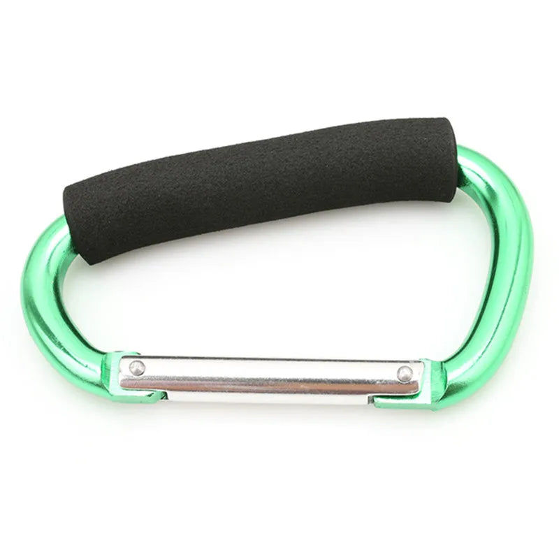 Heavy-duty aluminum stroller hooks featuring a black comfort grip and silver mounting plate.