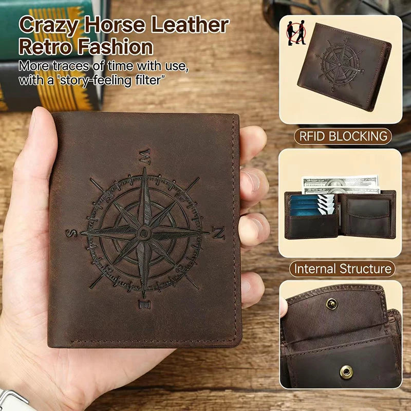 Men's Leather Wallet with Compass Pattern and RFID Protection