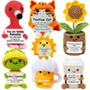 A collection of handmade crochet pocket hug dolls featuring various animal characters and positive affirmations.
