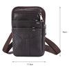 A dark brown vintage genuine cowhide leather crossbody sling bag shown from the top with a strap and dimensions.