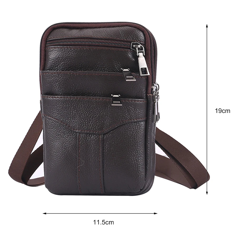 A dark brown vintage genuine cowhide leather crossbody sling bag shown from the top with a strap and dimensions.