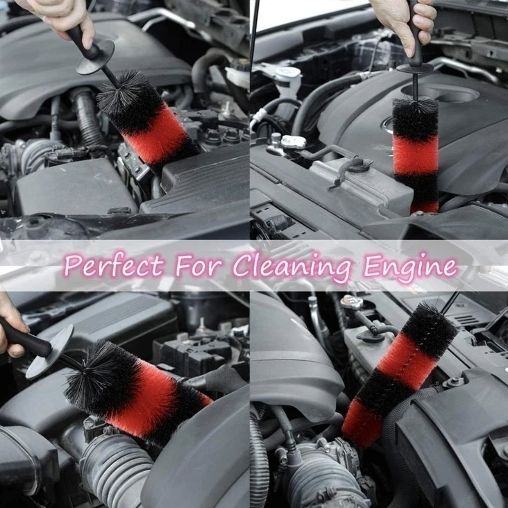 Close-up shots of a long reach soft bristle wheel cleaning brush being used to clean an engine component.