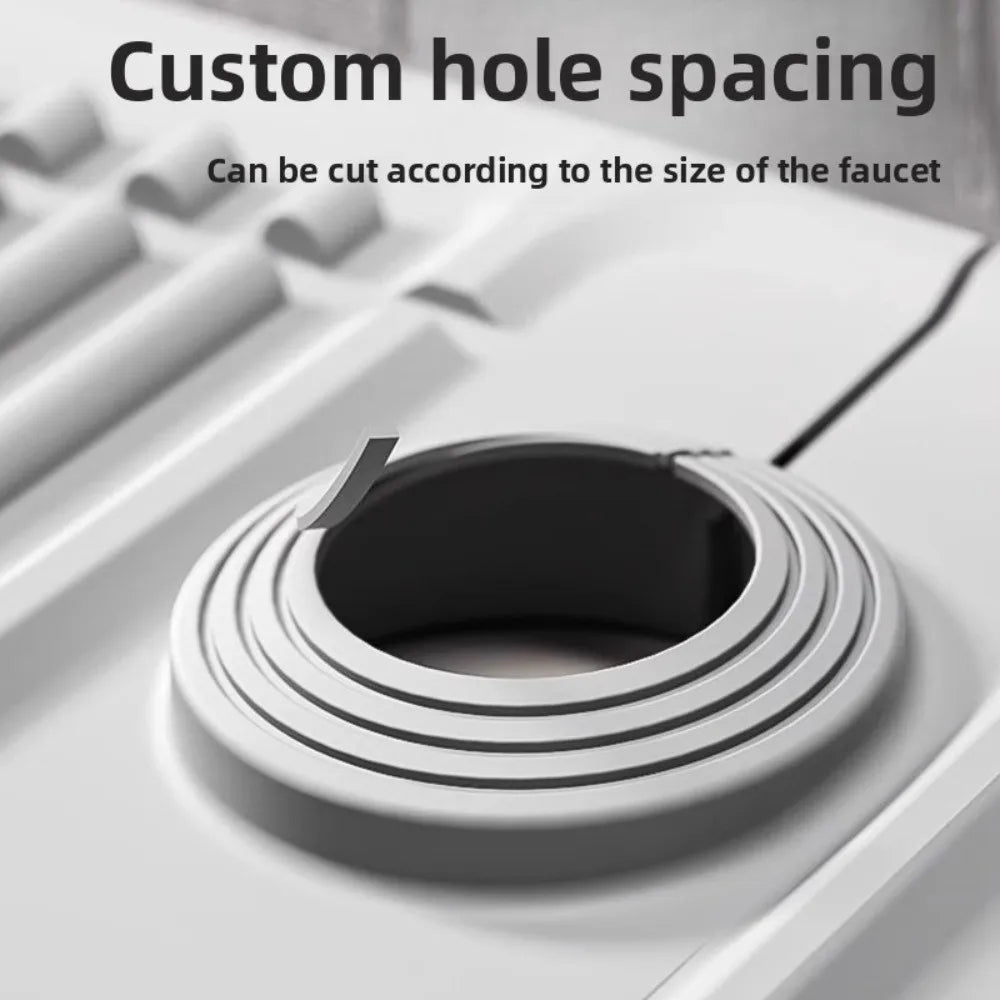 A close-up view of a silicone faucet draining mat with a raised edge, showing custom hole spacing for a faucet.