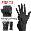 50 pieces of black powder-free disposable nitrile gloves packaged in an OPP bag