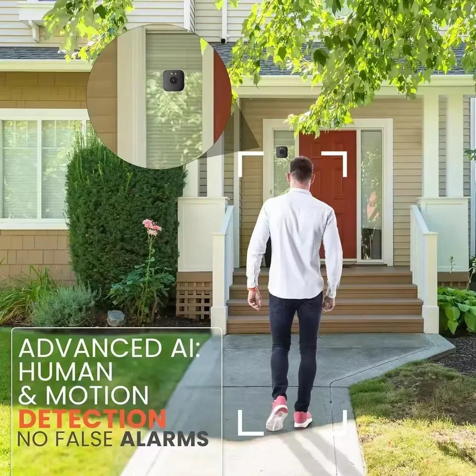 A white shirt man stands in front of a house with a red door and security camera installation visible.