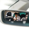 Interior view of a car showing a 360° adjustable pair of blind spot mirrors mounted on the door frame.