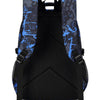A black backpack featuring a blue and black camouflage pattern, shown from the back.