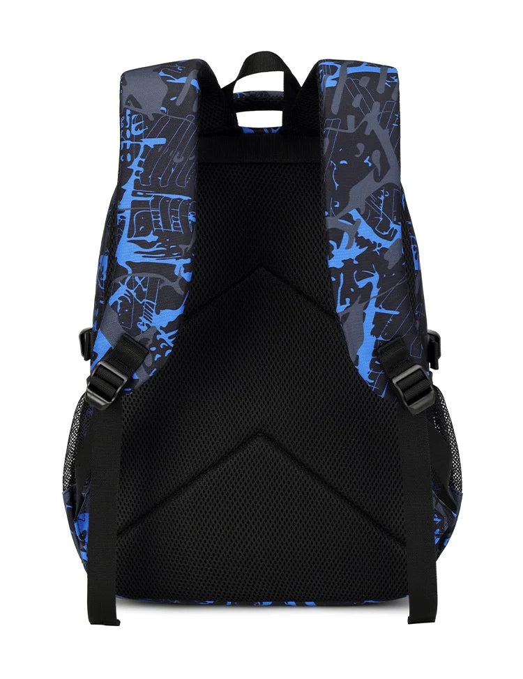 A black backpack featuring a blue and black camouflage pattern, shown from the back.