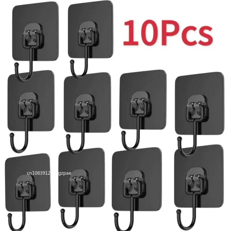 Ten black self-adhesive rotating wall hooks for storage in kitchens, bathrooms, and entryways