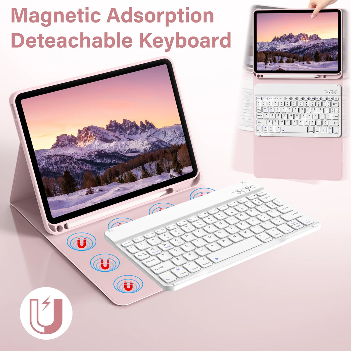Magnetische, abnehmbare Tastatur zur iPad, gezeigt mit Tastatur und Hülle.