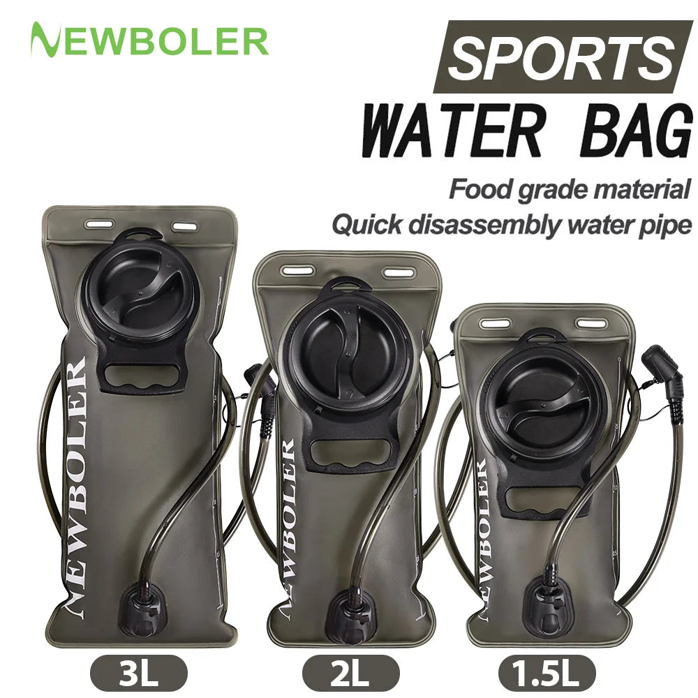 Newboiler sports water bag in three sizes 3L, 2L, and 1.5L shown with water pipes