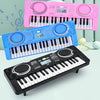 A collection of three pink, blue, and black electronic keyboards for kids with LED displays and microphones.