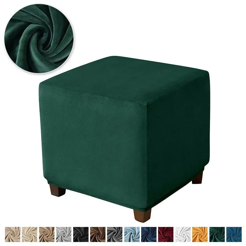 A dark emerald green stretch velvet ottoman cover with a rolled texture shown next to the product.