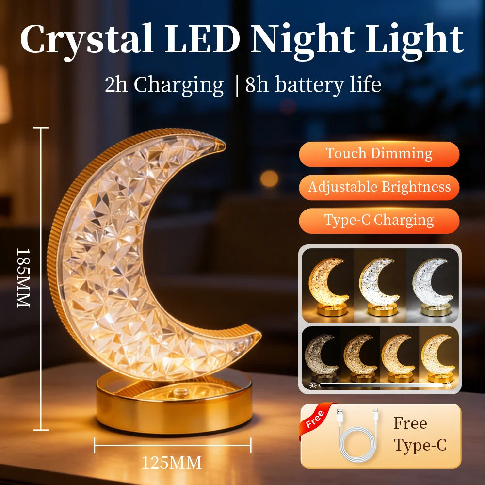 Crystal LED moon night light with touch dimming and adjustable brightness featuring Type-C charging.
