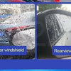 Two images showing a side door windshield and a rearview mirror covered in water droplets from a hydrophobic glass rain repel