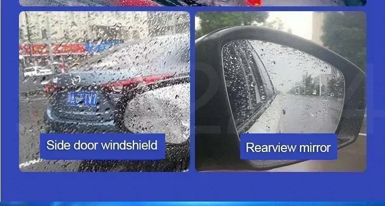 Two images showing a side door windshield and a rearview mirror covered in water droplets from a hydrophobic glass rain repel