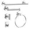 Stainless steel bathroom towel rack set featuring a horizontal bar, a round holder, and a circular ring hook.