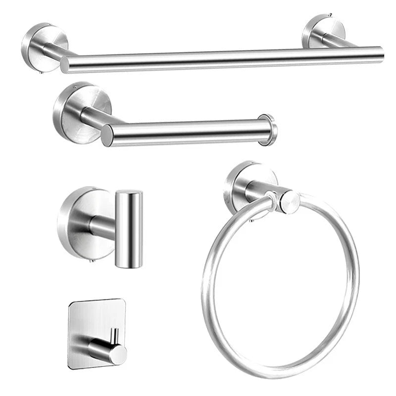 Stainless steel bathroom towel rack set featuring a horizontal bar, a round holder, and a circular ring hook.