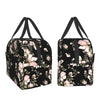A black insulated watercolor rose lunch bag with floral patterns and black fabric handles.