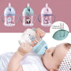 A baby is shown drinking from a clear silicone straw cup with handles, demonstrating its leak-proof design.