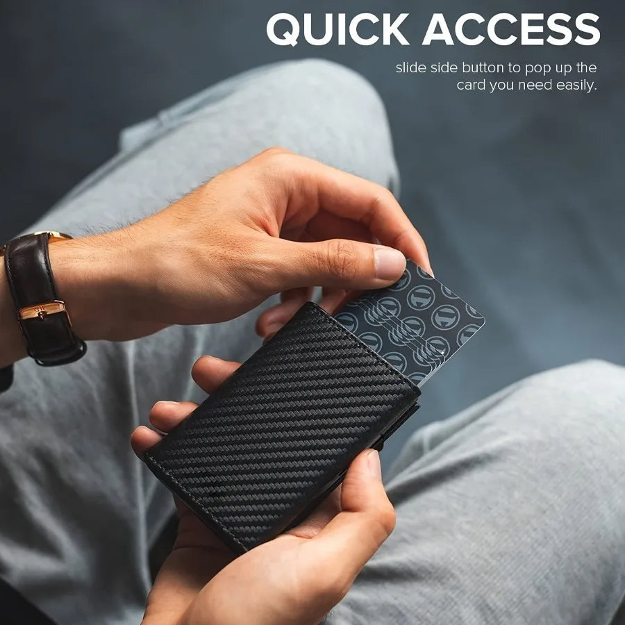 A hand holds a black slim pop-up wallet with a patterned cover, demonstrating the quick access feature.