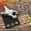 A silver pliers is shown next to a black plate with multiple metal eyelets and a pile of similar eyelets.