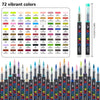 A set of 72 vibrant acrylic markers in various colors and tips displayed against a white background.