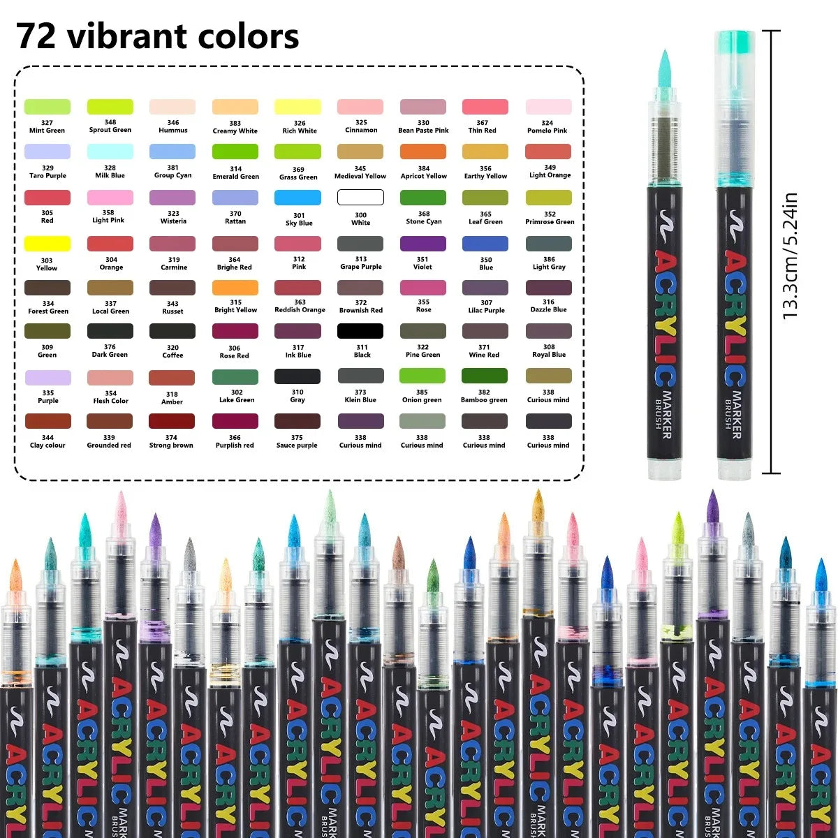 A set of 72 vibrant acrylic markers in various colors and tips displayed against a white background.