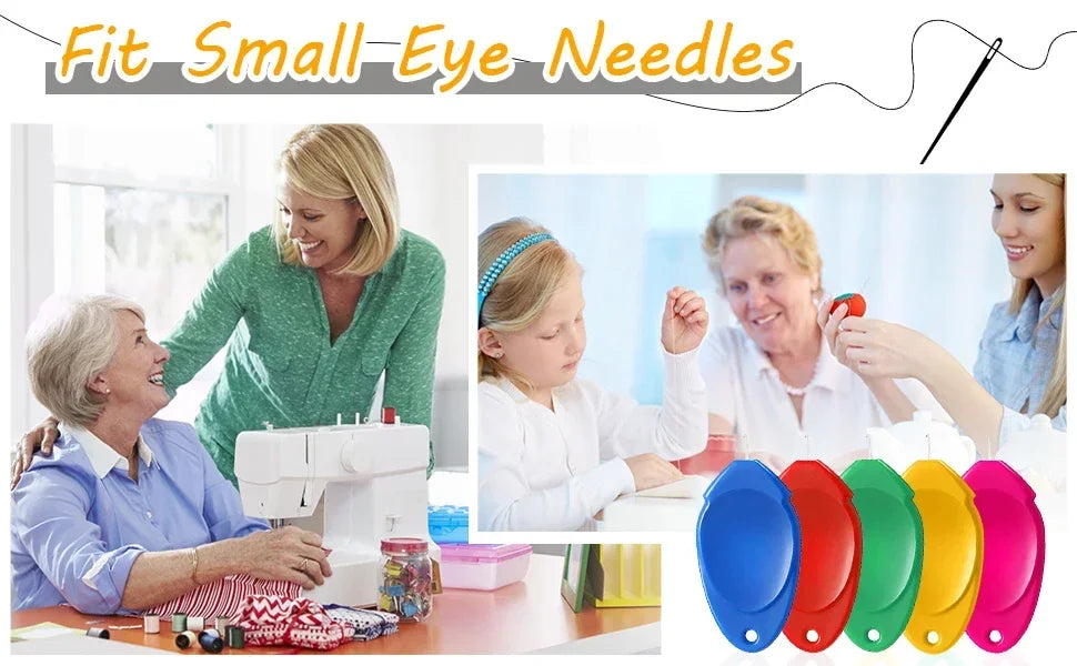 A woman is using a small eye needle threader set for sewing tasks with other individuals.