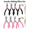 A set of jewelry making tools including pliers, tweezers, and a ring sizer in various colors.