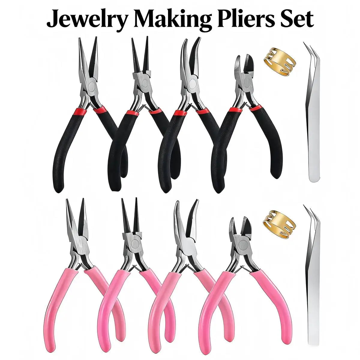 A set of jewelry making tools including pliers, tweezers, and a ring sizer in various colors.
