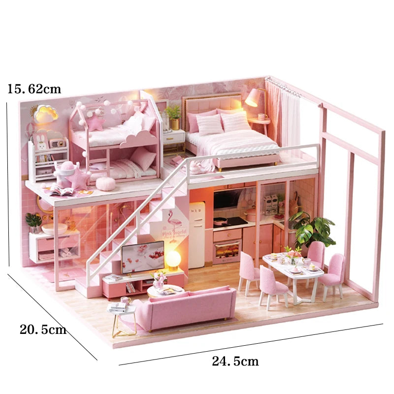 A pink wooden dollhouse miniature building kit featuring furniture and a bedroom setting.