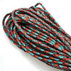 A coil of 100 ft, 7-strand paracord rope in black, orange, and teal colors.
