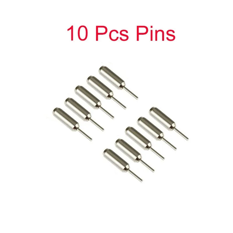 Ten metal pins or pins are displayed, suggesting a kit for removing watch band links.