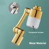 A gold metal faucet extender with a transparent window and spray head, shown against a muted green background.
