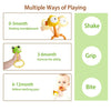 A set of baby animal rattle teether toys demonstrating multiple ways to play: shaking, gripping, and biting.