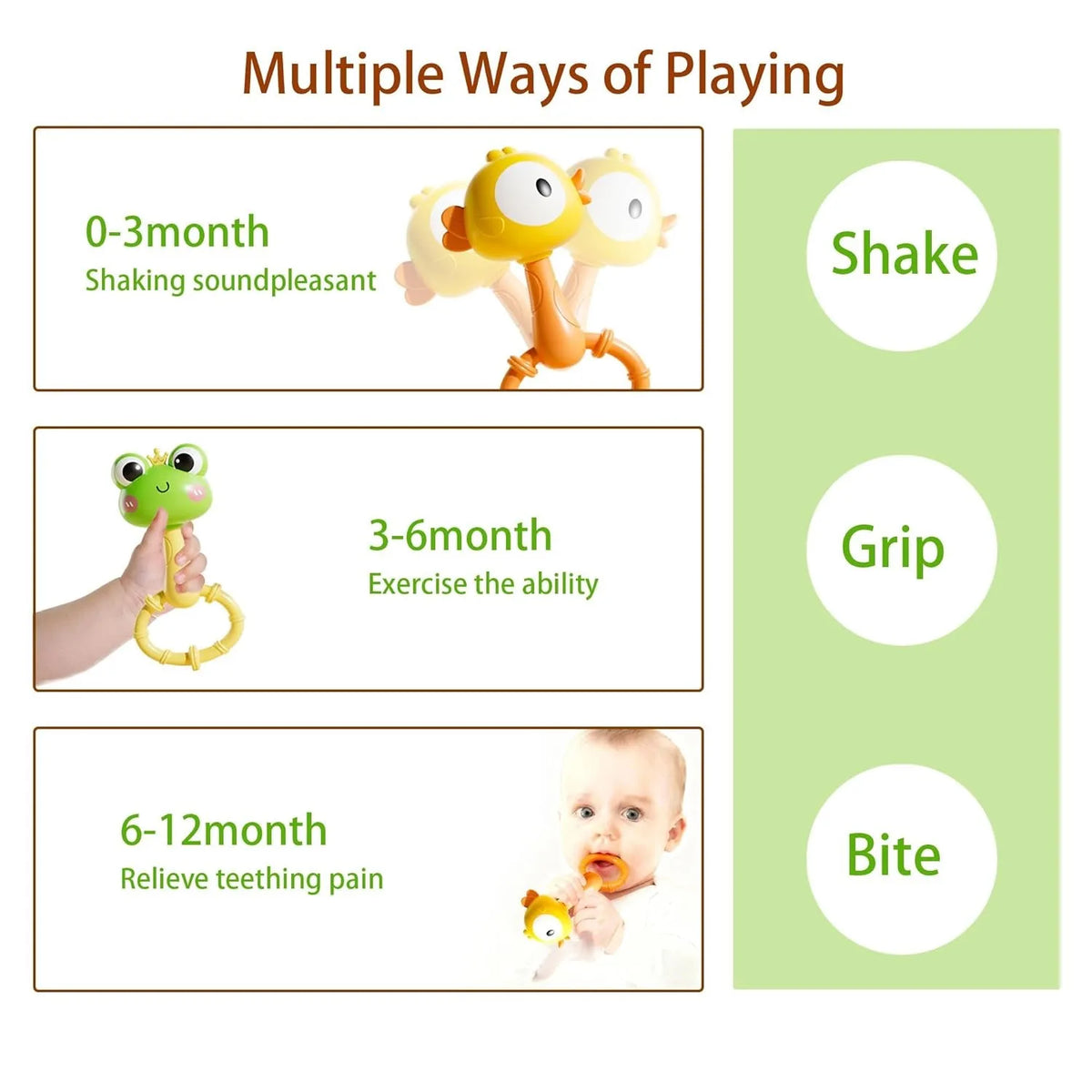 A set of baby animal rattle teether toys demonstrating multiple ways to play: shaking, gripping, and biting.
